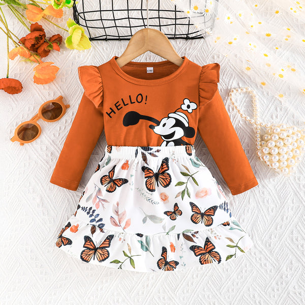 Cartoon Butterfly Girls' Two-Piece Set - Casual Top & Skirt