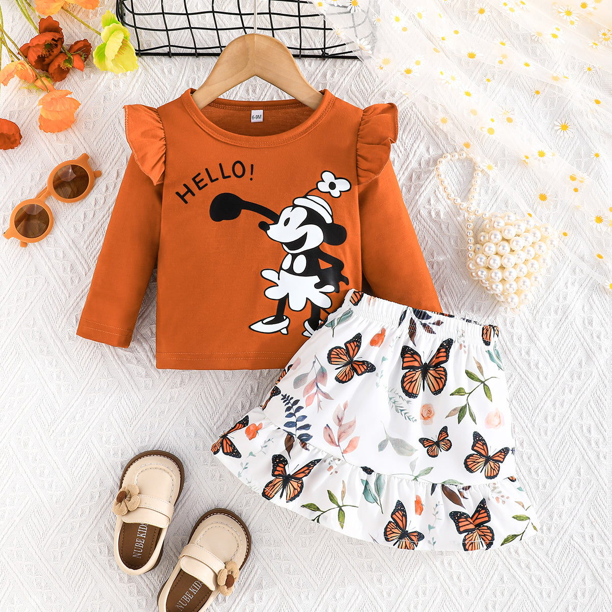 Cartoon Butterfly Girls' Two-Piece Set - Casual Top & Skirt