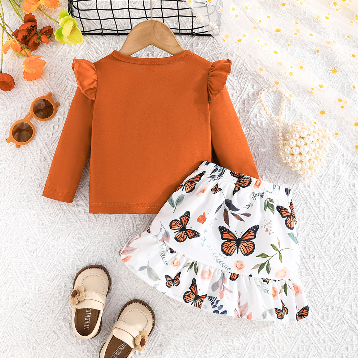 Cartoon Butterfly Girls' Two-Piece Set - Casual Top & Skirt