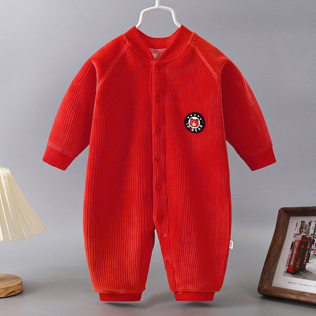 New-born autumn and winter wick face button long sleeve and cashmere warm one-piece thick pajamas