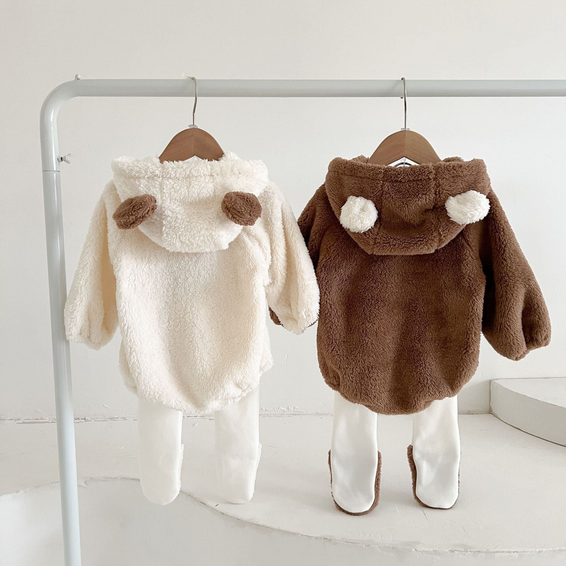 Baby autumn and winter cute hooded bear thick double-sided fleece coat separate set