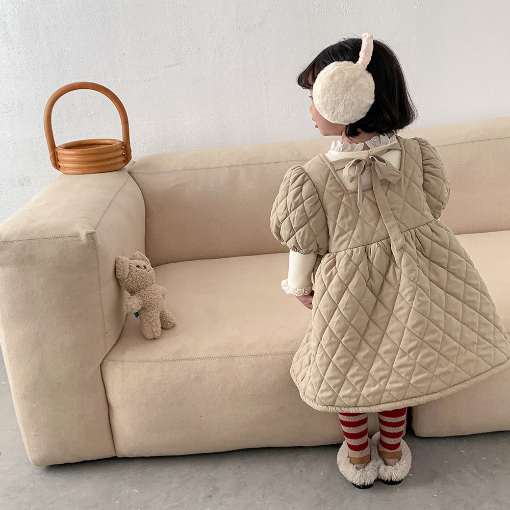 Autumn and winter baby girls thickened with cotton plaid pongee skirt solid color dress