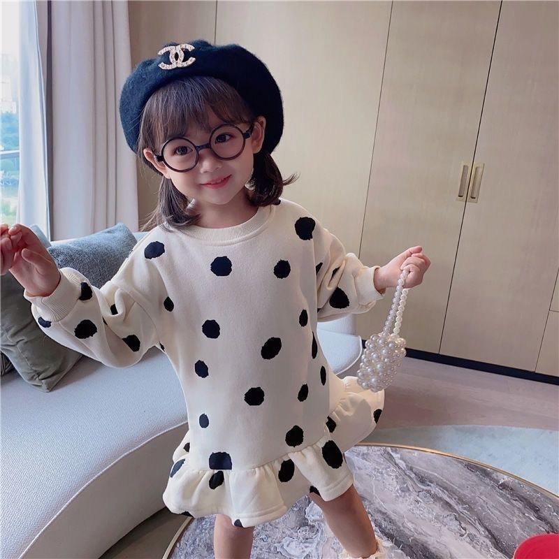 Girls spring and autumn new long-sleeved one-piece polka dot pod skirt