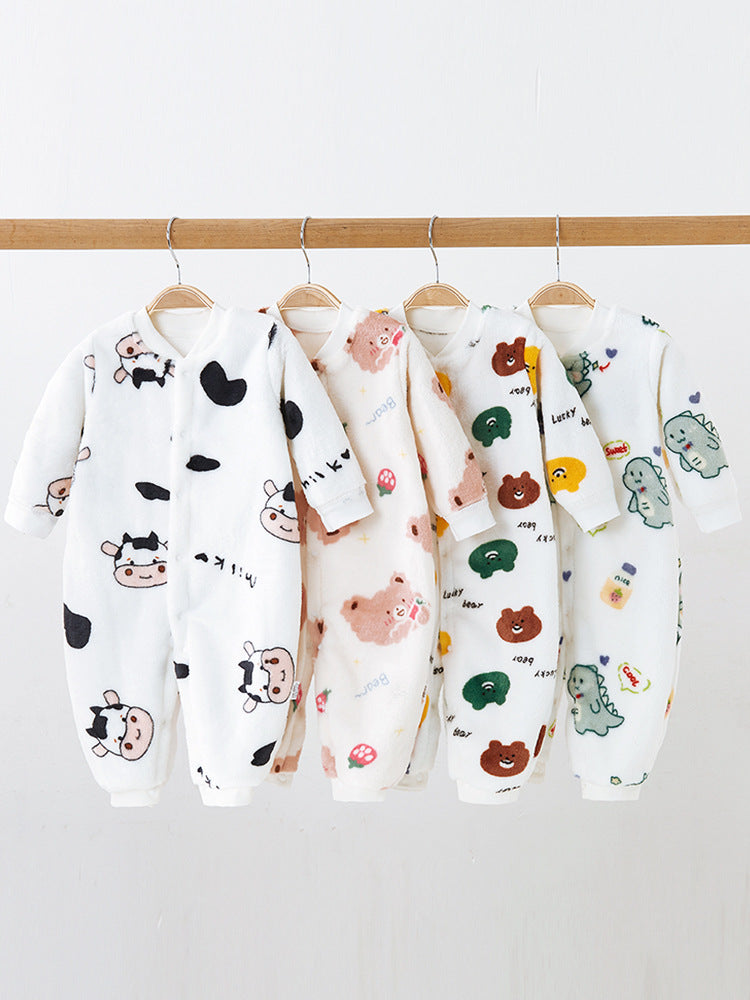 Autumn Plush Thicken Baby Home Suit Jumpsuit Cartoon Bear Dinosaur Boy Girl Infant Climbing Romper Newborn Kids Sleepwear