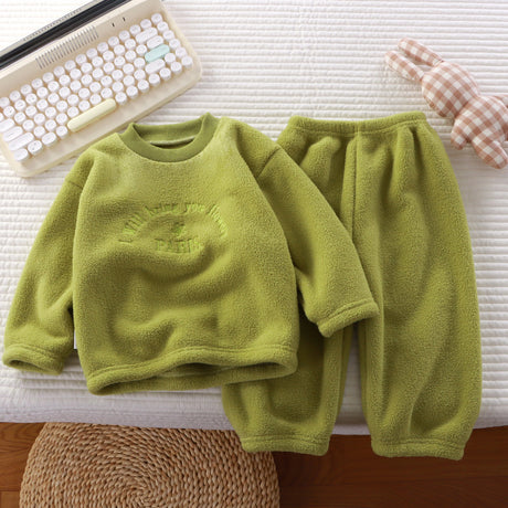 New Baby Boys Thick Plush Nightgown Set Casual Long Sleeve O-Neck Tops & Pants Solid Color Pajamas Winter Home Clothes