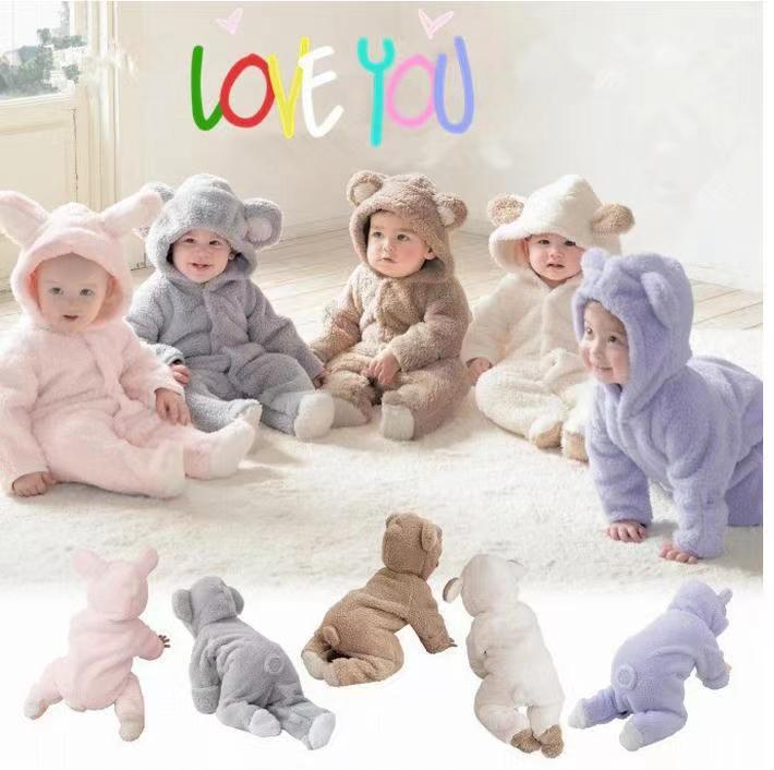 Autumn and winter warm baby solid color button coral velvet cute hooded long-sleeved foot crawling suit