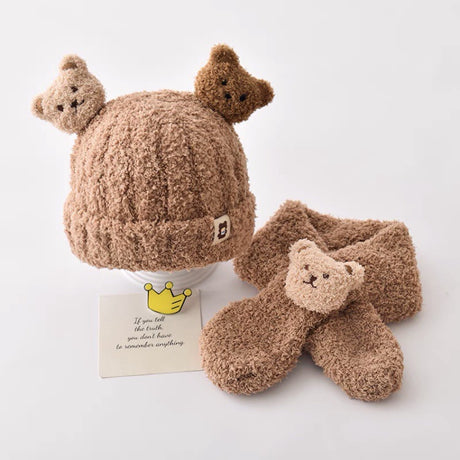 Warm Hat Scarf Set Knitted 3d Bear Doll Microfiber Wool Hat