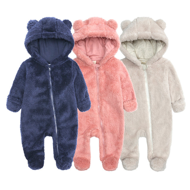 فلالین موٹی گرم زپ ریچھ کان hooded تنظیم Snowsuit بچے Romper