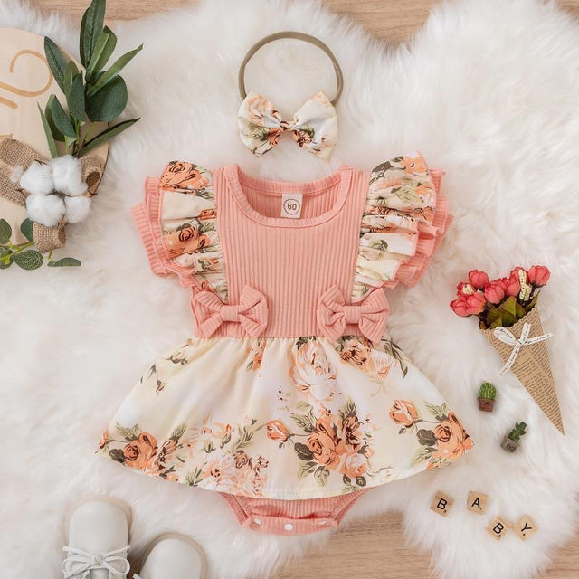 Short Sleeve Romper Dress Infant Flower Jumpsuit With Hairband