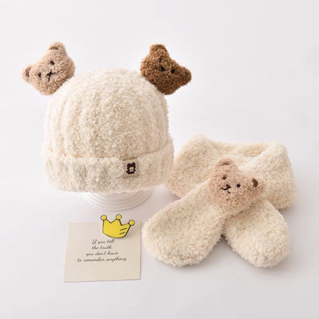 Warm Hat Scarf Set Knitted 3d Bear Doll Microfiber Wool Hat