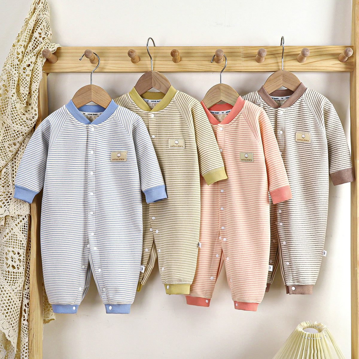 Baby autumn and winter velvet striped warm pajamas long sleeve crawling suit