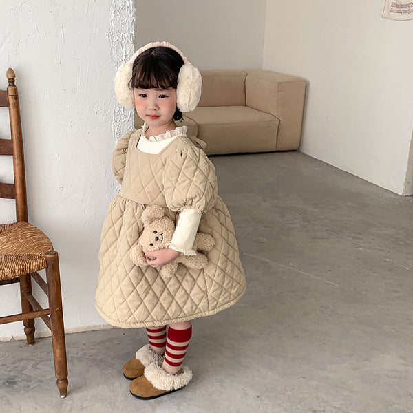 Autumn and winter baby girls thickened with cotton plaid pongee skirt solid color dress