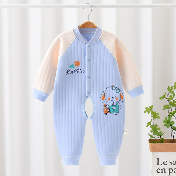 Baby autumn and winter cotton three-layer warm thickened open gear crawling suit