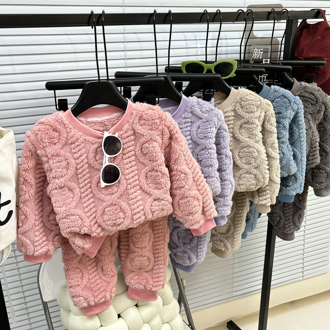 Toddler Kids Boys Girls Winter Long Sleeve Cartoon Prints Fleece Pajamas Tops Pants