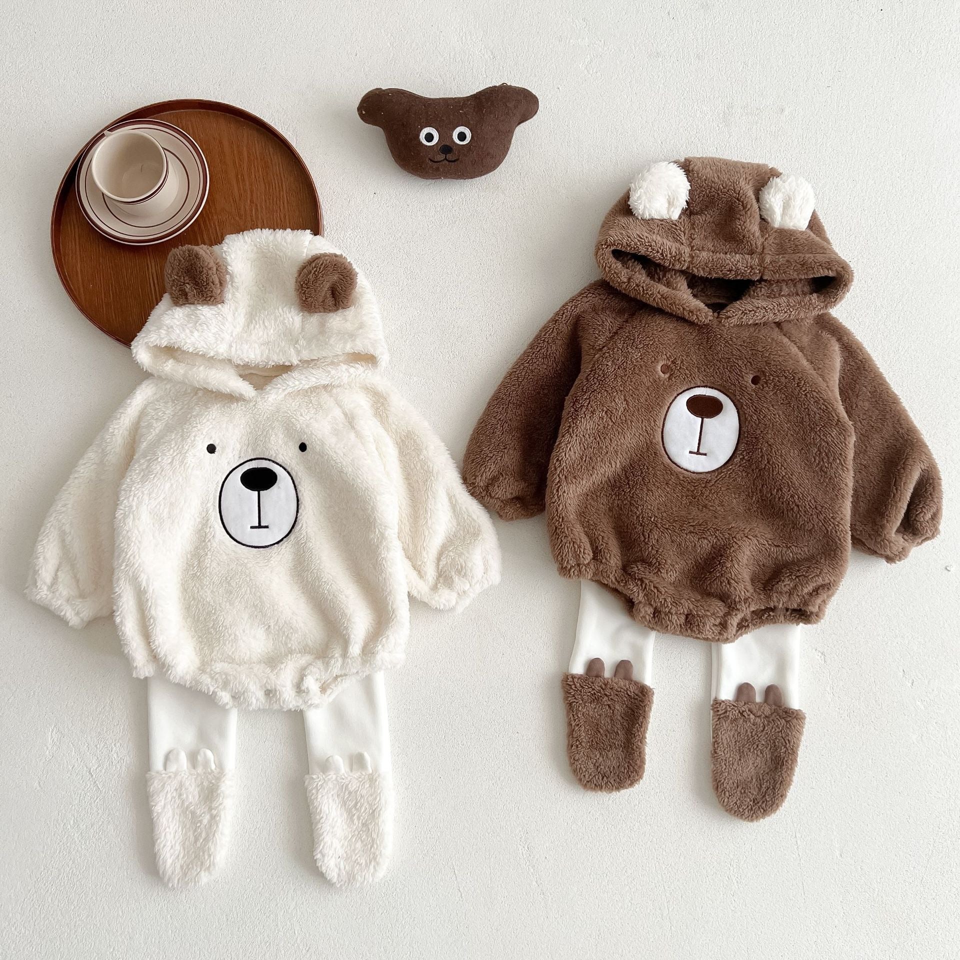 Baby autumn and winter cute hooded bear thick double-sided fleece coat separate set