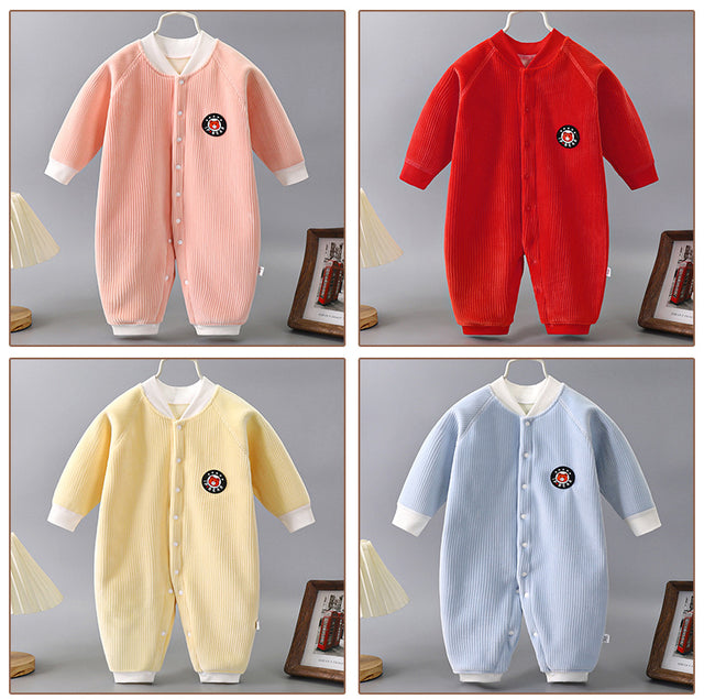 New-born autumn and winter wick face button long sleeve and cashmere warm one-piece thick pajamas