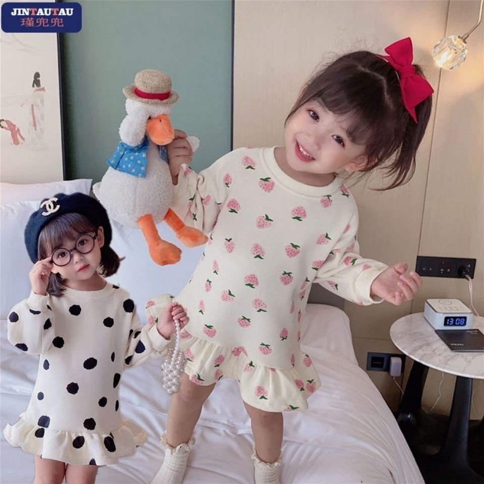 Girls spring and autumn new long-sleeved one-piece polka dot pod skirt