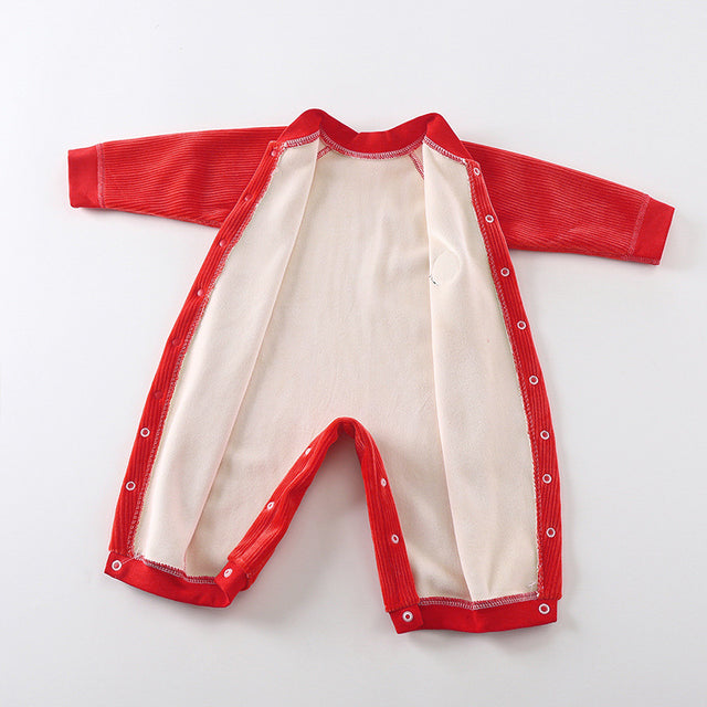 New-born autumn and winter wick face button long sleeve and cashmere warm one-piece thick pajamas