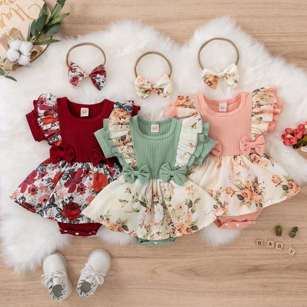 Short Sleeve Romper Dress Infant Flower Jumpsuit With Hairband