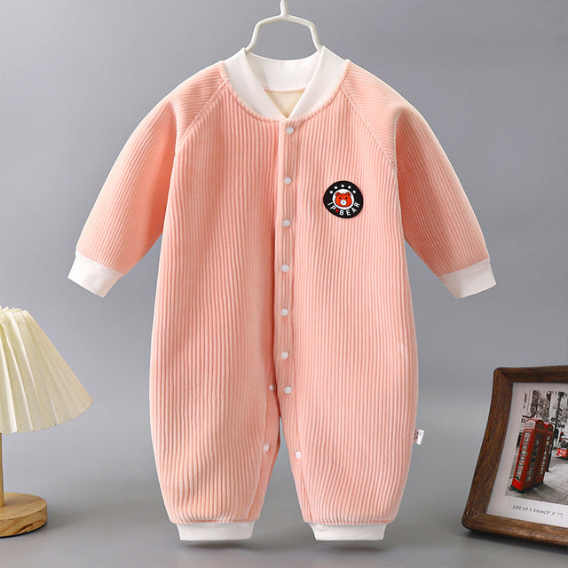 New-born autumn and winter wick face button long sleeve and cashmere warm one-piece thick pajamas