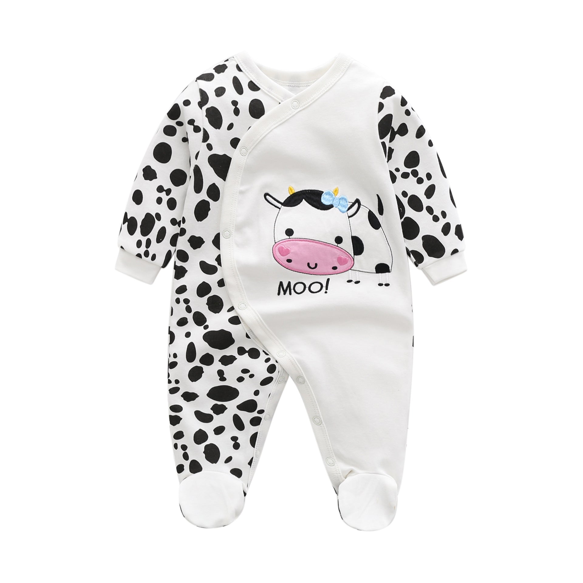 Newborn Jumpsuit Long-Sleeved Slanted Open Button Love Cows Baby Rompers