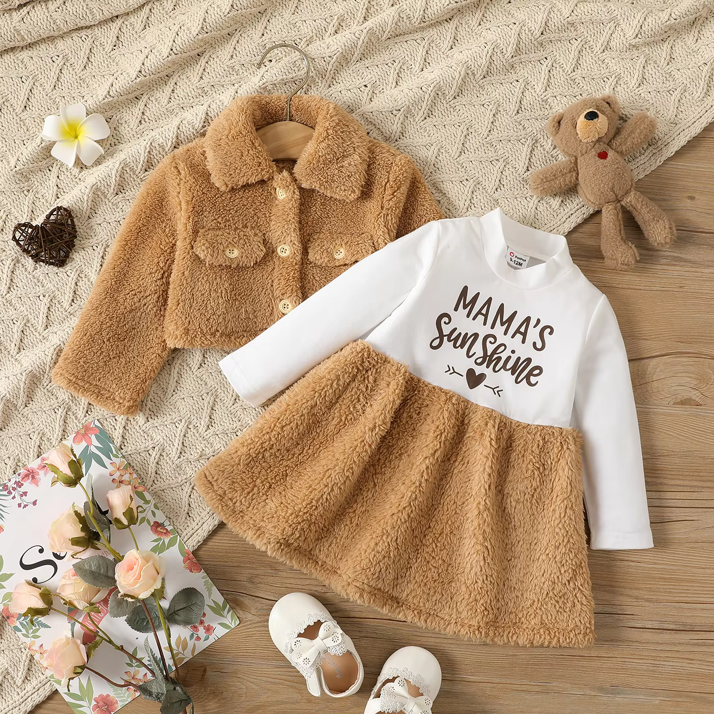 2pcs Baby Girl Thermal Fuzzy Jacket and Letter Print Long-sleeve Spliced Dress Set