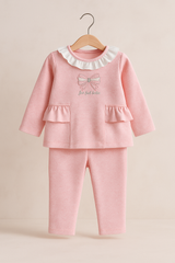 Pink Bow Print Baby Girl Top & Bottom Set with Ruffle Detail