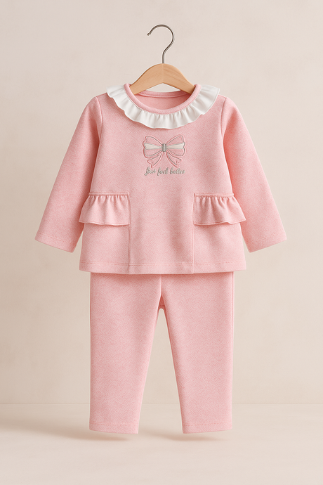 Pink Bow Print Baby Girl Top & Bottom Set with Ruffle Detail