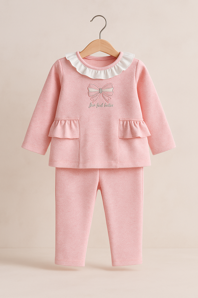 Pink Bow Print Baby Girl Top & Bottom Set with Ruffle Detail