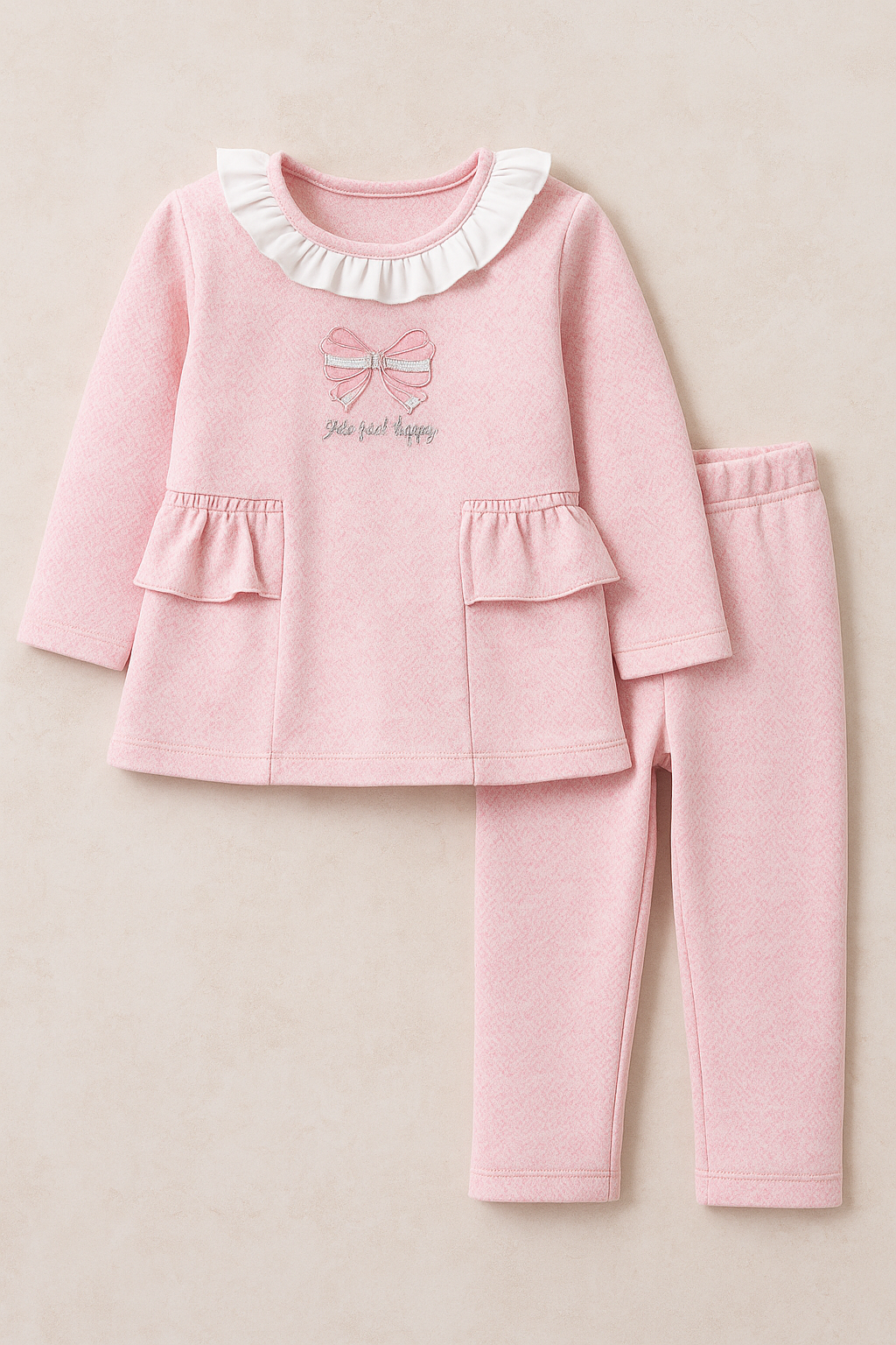 Pink Bow Print Baby Girl Top & Bottom Set with Ruffle Detail