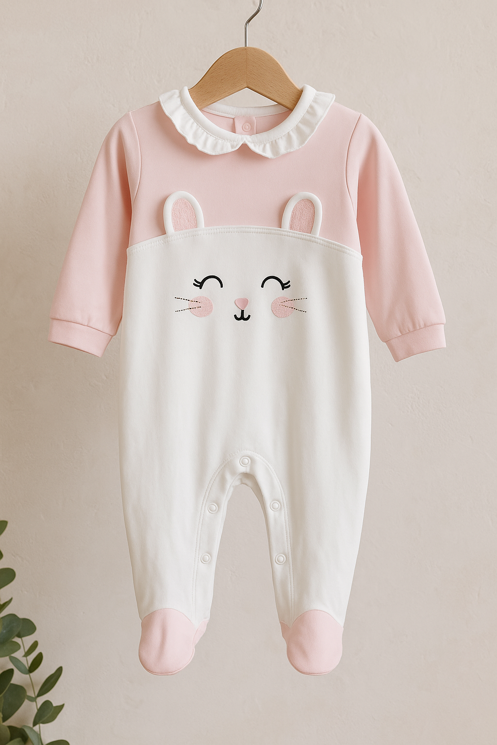 Pink & White Bunny Face Print Baby Romper with Footies