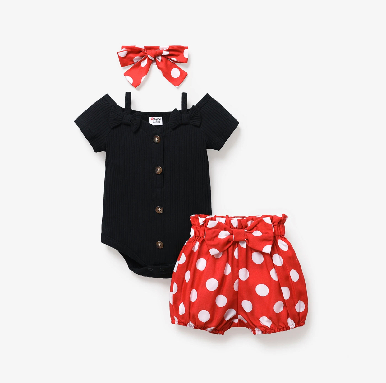 Red polka dots shorts with black romper with bow