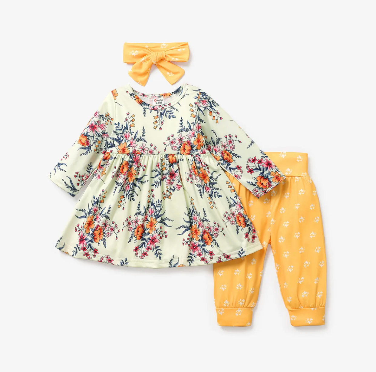 Floral Yellow printed Frock with trouser and bow