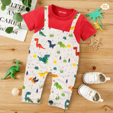 Dungaree Style Dinosaur Printed Half Sleeves Romper Red & Grey