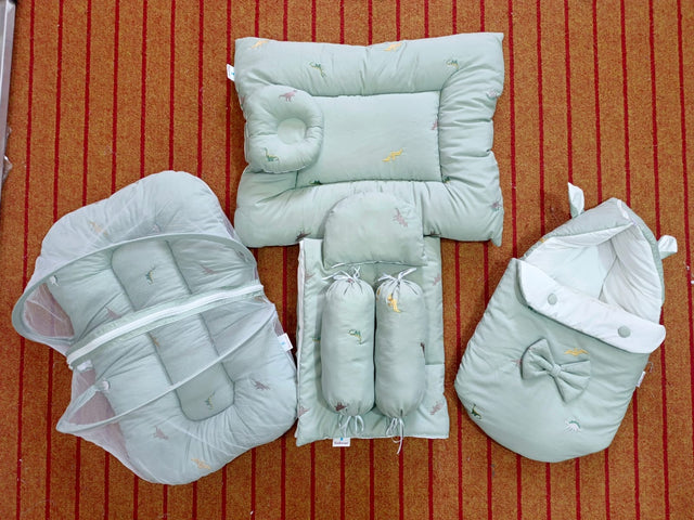 8 Pcs Baby Bedding Set – Cotton Embroidered Green | Comforter, Mosquito Net, Carry Nest & Pillows