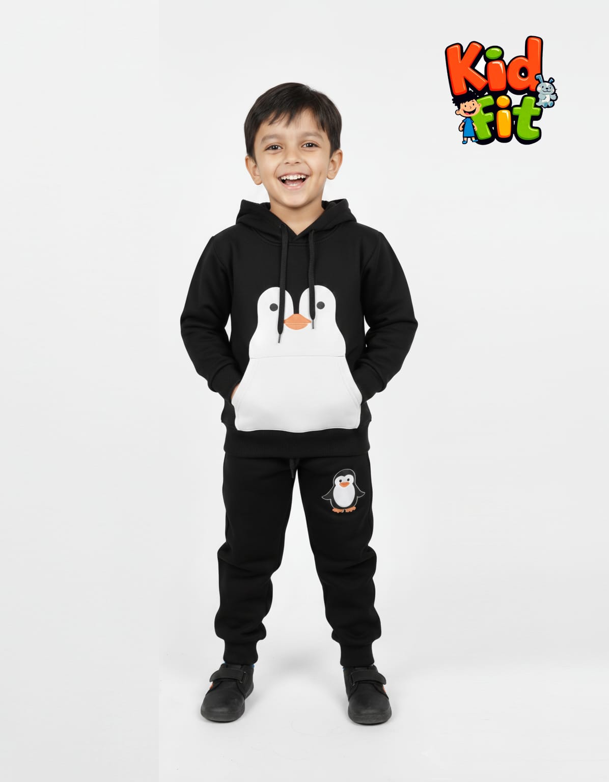 Black Penguin Print Kids Hoodie & Pajama Set