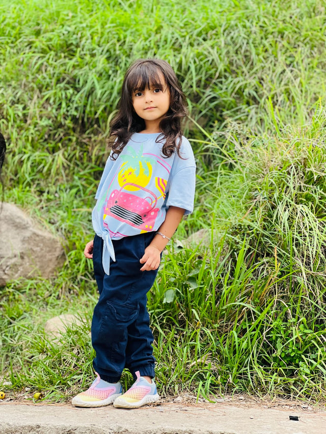 Car Half Sleeves T-Shirts For Kids - Light Blue