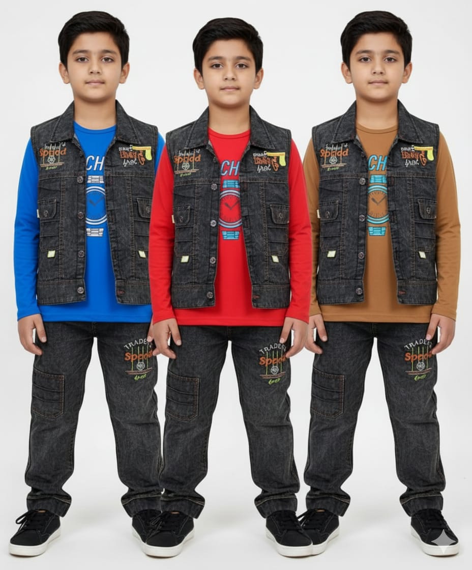 Boys' Denim Vest and Jeans Set with Long-Sleeve T-Shirt