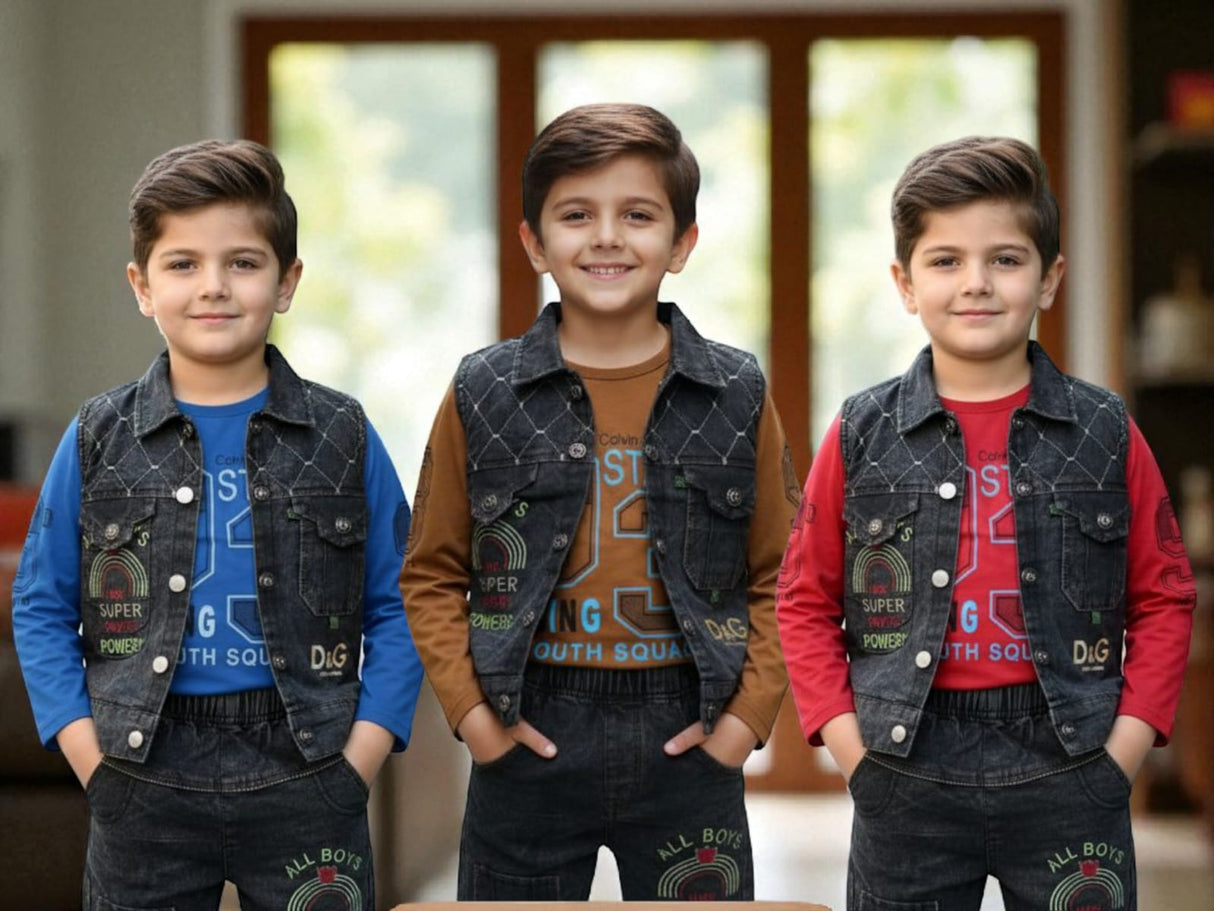 Kids Black Denim Vest & Jogger Set with “All Boys Super Power Youth Squad” Print