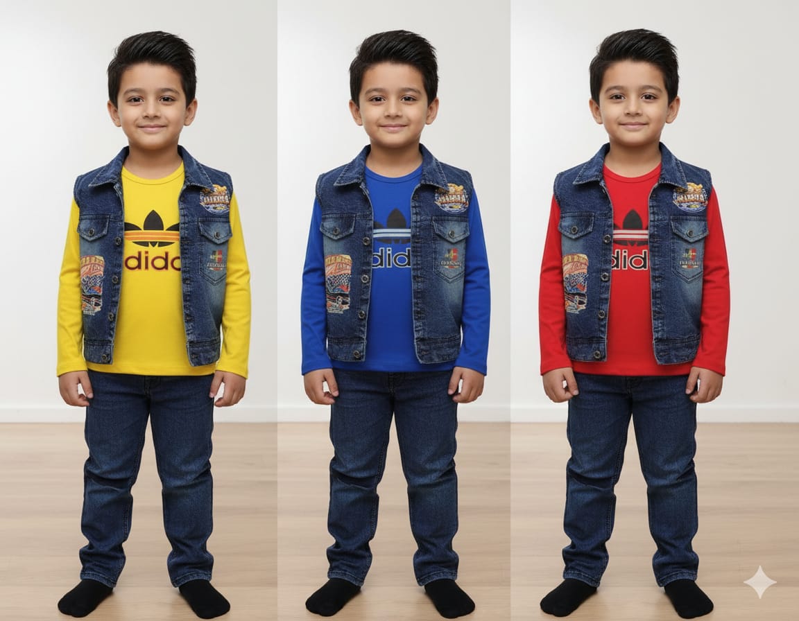 Boys Outfit Set with Printed Adidas-Style T-Shirt, Denim Vest & Jeans