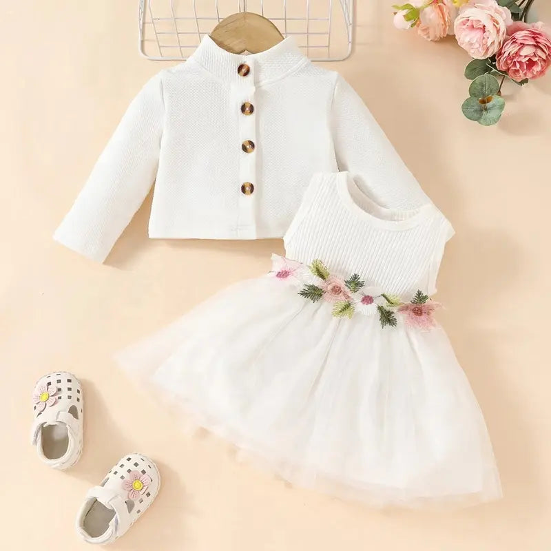 2pcs Baby Girl Buttons Front Long-sleeve Textured Jacket and Floral Decor Mesh Panel Tank Dress Set