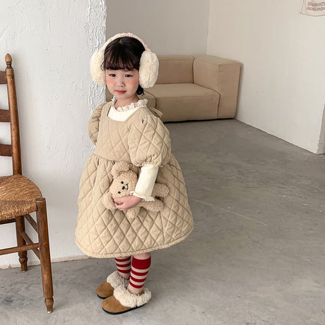 Autumn and winter baby girls thickened with cotton plaid pongee skirt solid color dress - MomYom PK