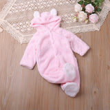 Autumn and winter warm baby solid color button coral velvet cute hooded long - sleeved foot crawling suit - MomYom PK