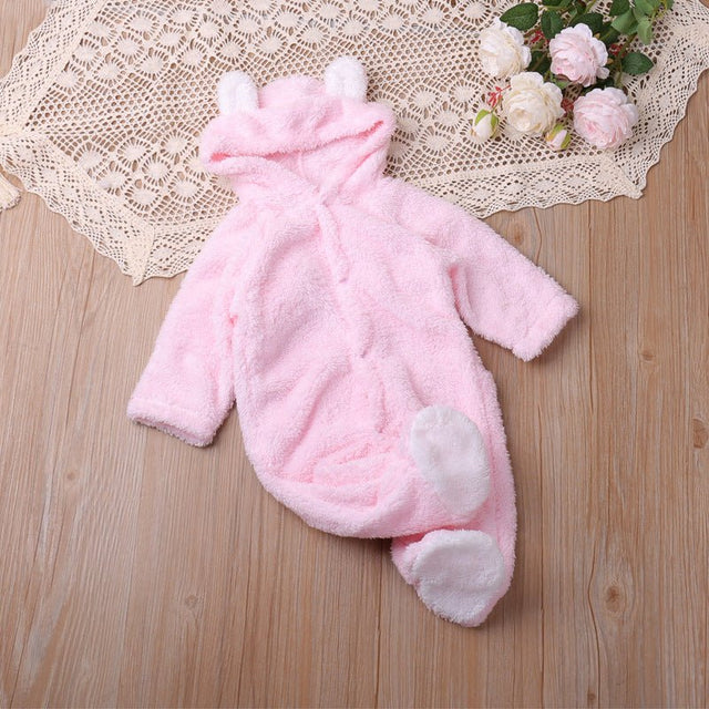 Autumn and winter warm baby solid color button coral velvet cute hooded long - sleeved foot crawling suit - MomYom PK