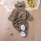 Autumn and winter warm baby solid color button coral velvet cute hooded long - sleeved foot crawling suit - MomYom PK