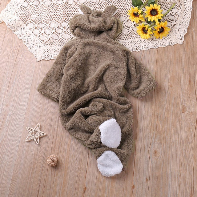 Autumn and winter warm baby solid color button coral velvet cute hooded long - sleeved foot crawling suit - MomYom PK