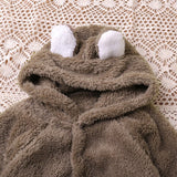 Autumn and winter warm baby solid color button coral velvet cute hooded long - sleeved foot crawling suit - MomYom PK