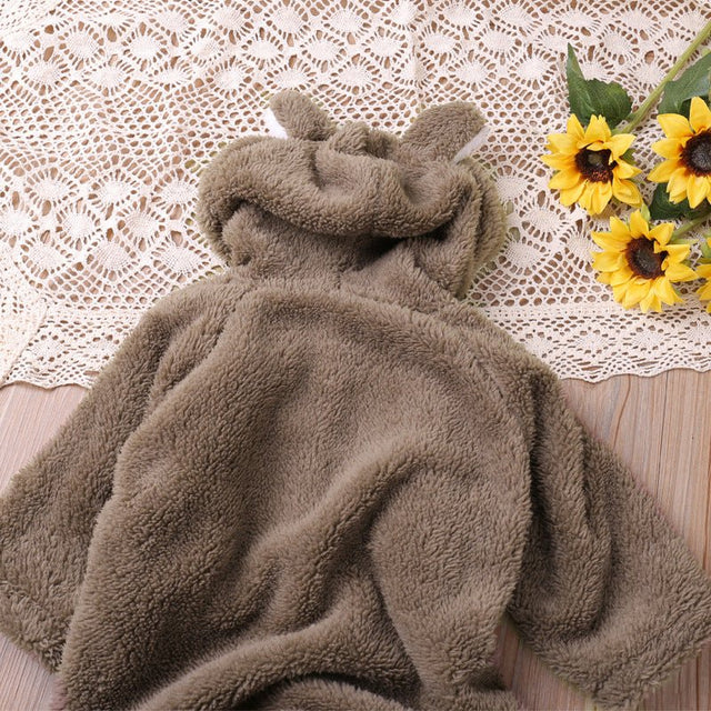 Autumn and winter warm baby solid color button coral velvet cute hooded long - sleeved foot crawling suit - MomYom PK