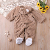 Autumn and winter warm baby solid color button coral velvet cute hooded long - sleeved foot crawling suit - MomYom PK