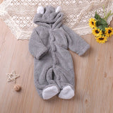 Autumn and winter warm baby solid color button coral velvet cute hooded long - sleeved foot crawling suit - MomYom PK